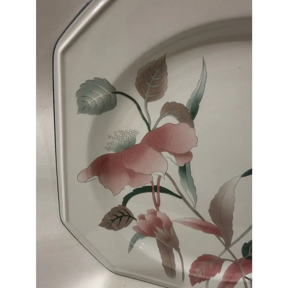 Mikasa Pink Floral Serving 12 X 12 In Platter Plate Green Leaves Silver Trim